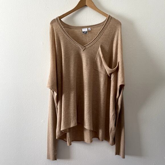 NSF Sweater Large Tan V Neck Slouchy Wool Angora Blend Cozy Comfy Neutral Luxury - Picture 1 of 9